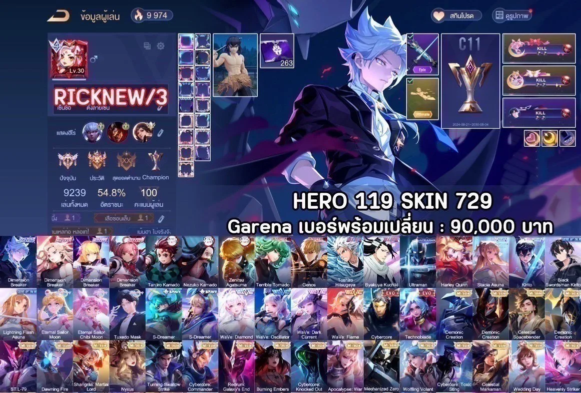 ไอดี เทพ Hero 119 Skin 729 - Garena RoV